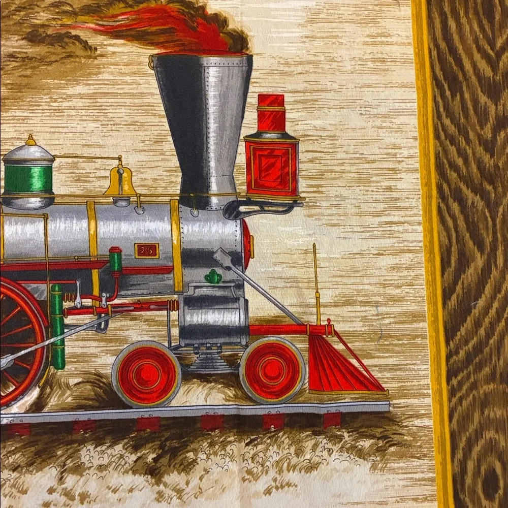 Large Vintage Train Tapestry with Red and Green Accents